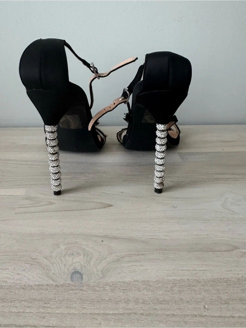 Black Rhinestone-Strap Stiletto Heels with Crystal Embellished Heel